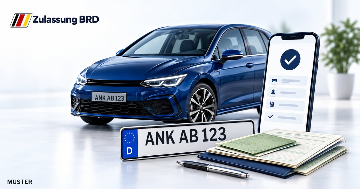 Online Fahrzeugzulassung in Anklam: Musterkennzeichen ANK AB 123, Auto und Fahrzeugpapiere und Smartphone. Illustration mit Logo von Zulassung BRD.